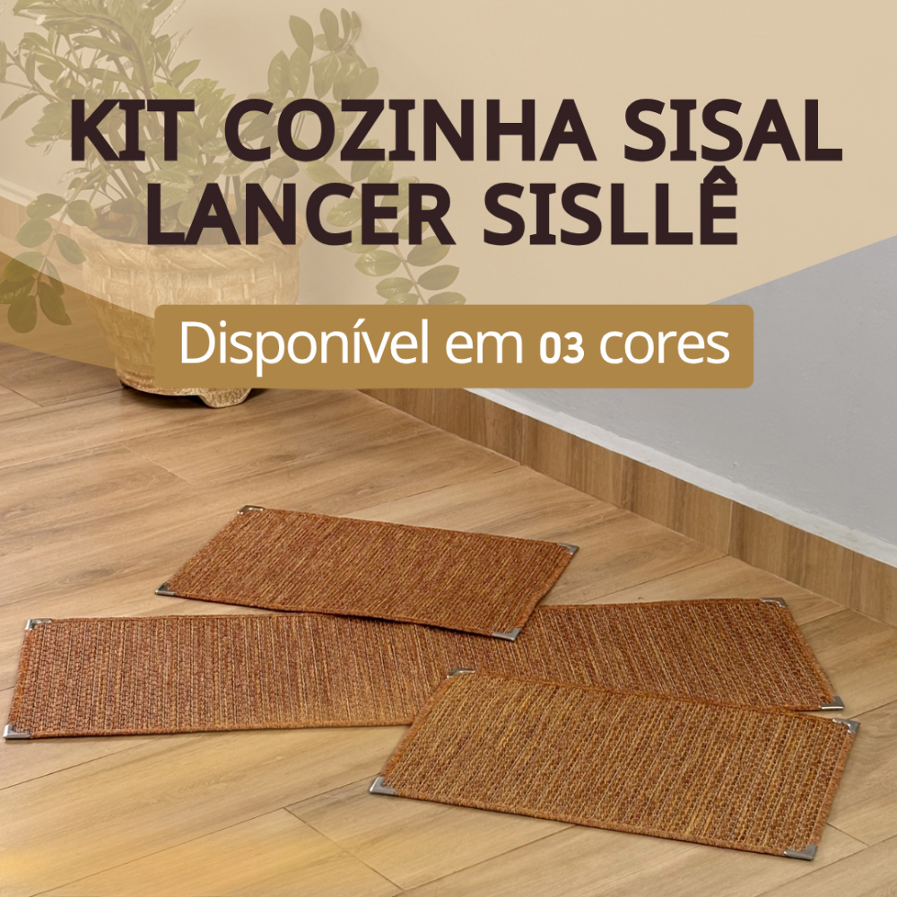 Kit Cozinha Sisal 03 Peças Pia Completo Tapete Lancer Antiderrapante com Cantoneira Aço Várias Cores