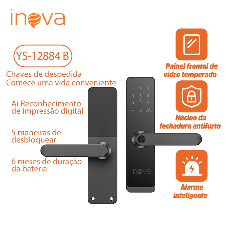 Inova Fechadura Eletrônica Inteligente 6 em 1 Biometria, Senha Touch, Senha Temporária, App, Chave e Tag