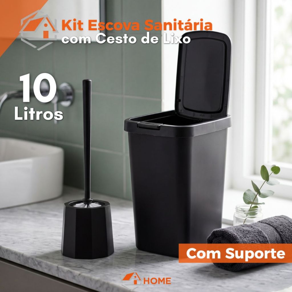 Kit Escova Sanitária com Suporte e Lixeira Quadrada 9 Litros com Botão Push Resistente