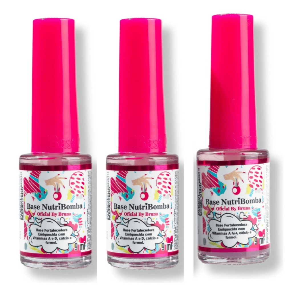 KIT 3 Base Nutri Bomba Esmalte Fortalecedora 9Ml Fortalece Unha Fina Fraca Manicure Cor Natural ATACADO