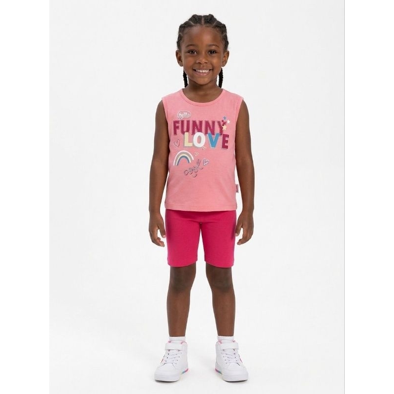 Conjunto Infantil Feminino Verão Regata Rosa + Short Pink Estampado Confortável Tam 06 Brandili