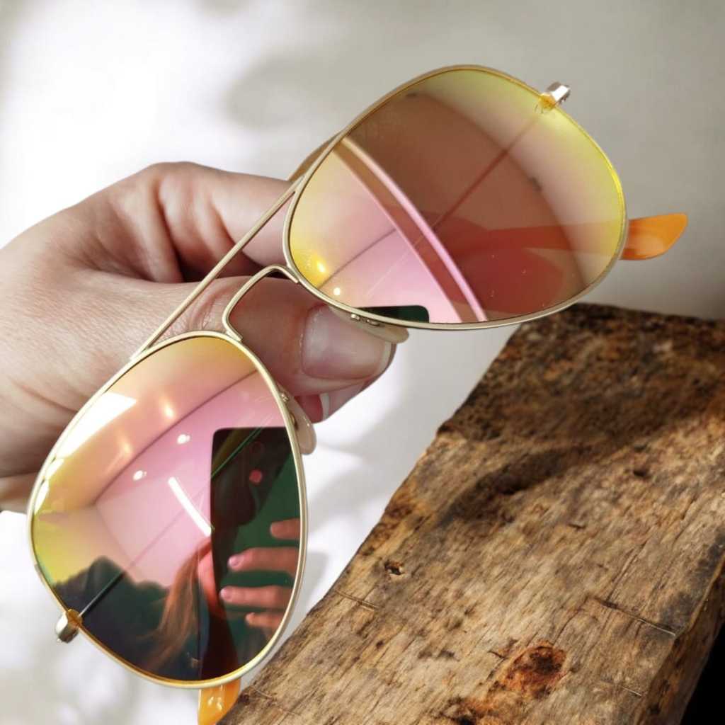 Oculos de Sol Aviador 3025 Dourado Rosa Espelhado Lentes Cristal Armação Metal Feminino Proteção UV400