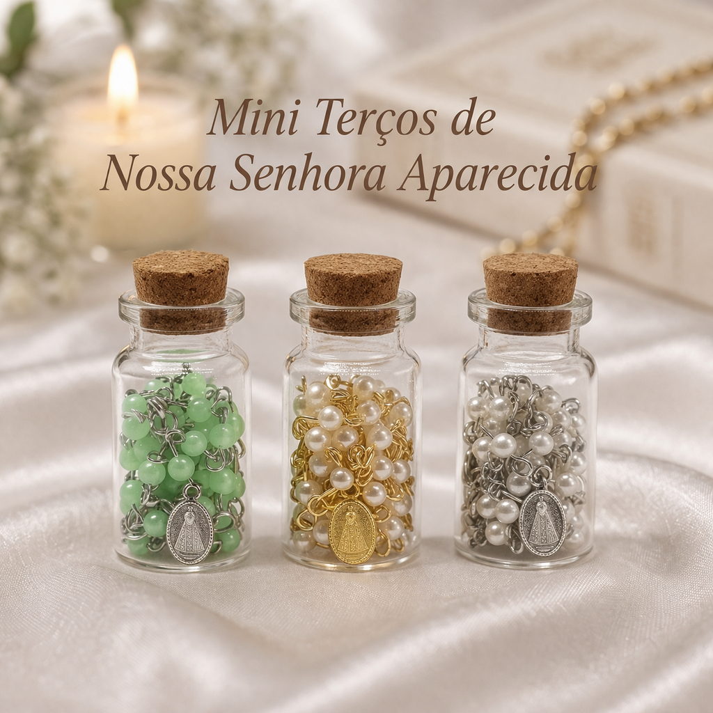 Kit 3 Mini Terços Nossa Senhora Aparecida com Fecho na Garrafinha Lembrancinha Religiosa Presente Católico Devoção