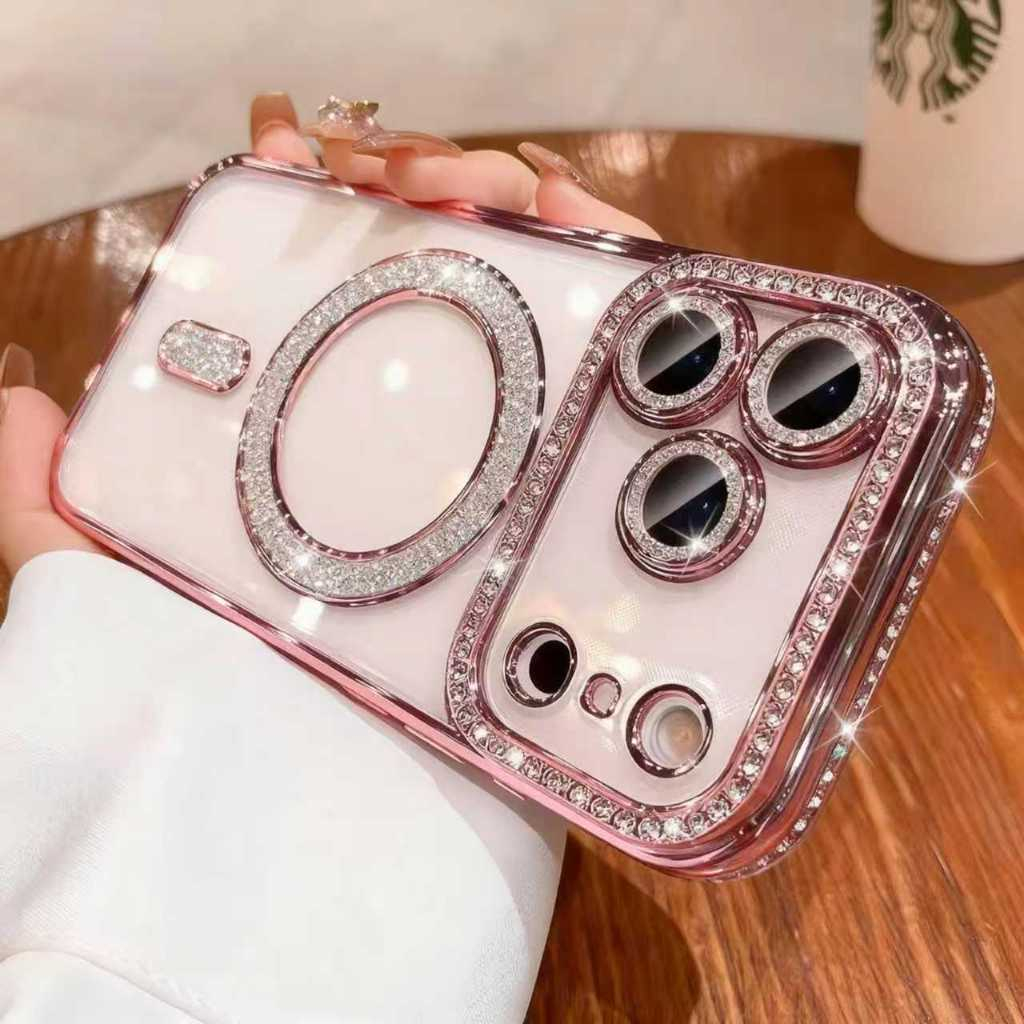 Novo Capa Capinha magnética magsafe strass Para iPhone 11 12 13 14 15 16 17 Pro Max transparente
