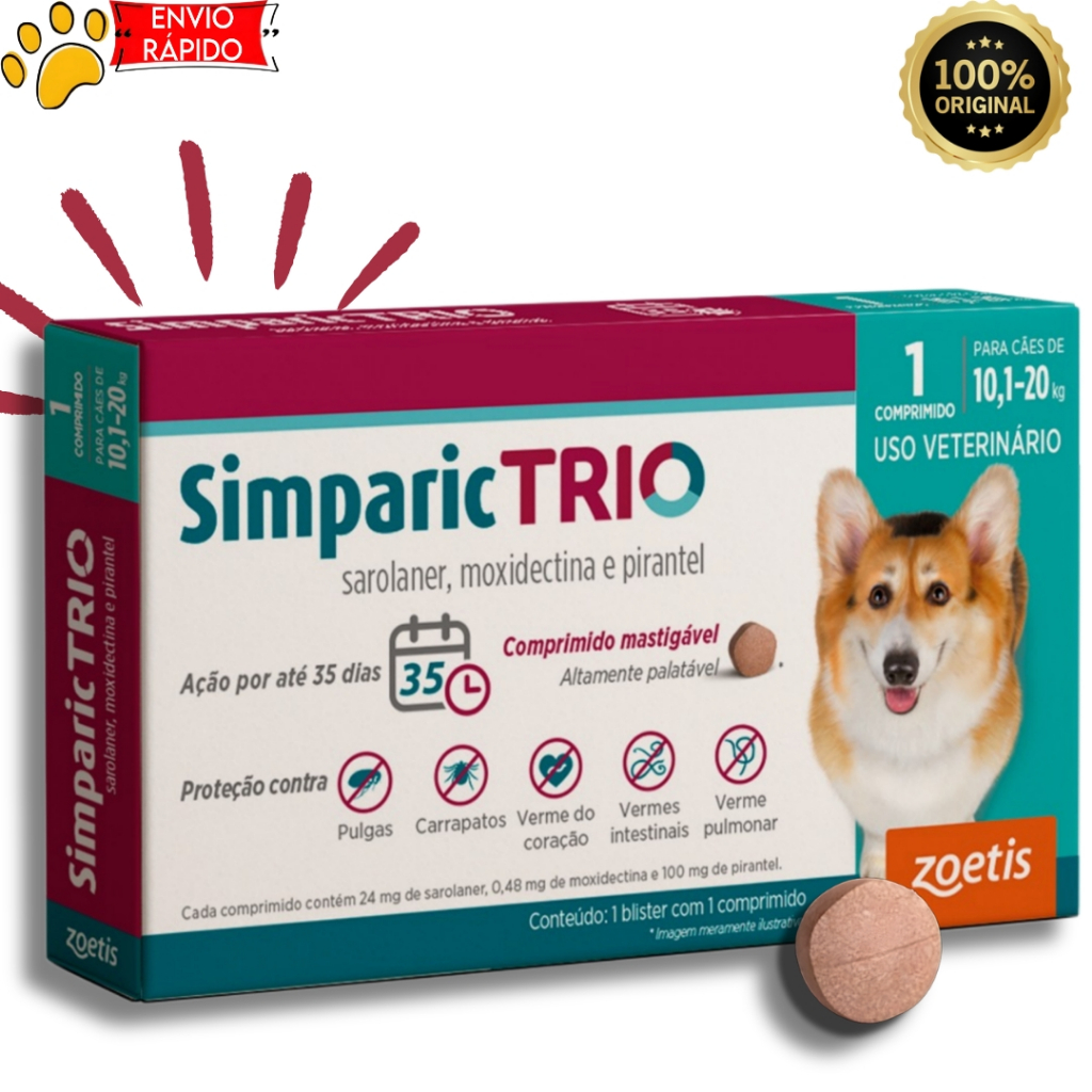 Simparic Trio Cães 10,1 a 20kg 1 comprimido Antipulgas Carrapatos e Vermes 3 em 1 Original Zoetis