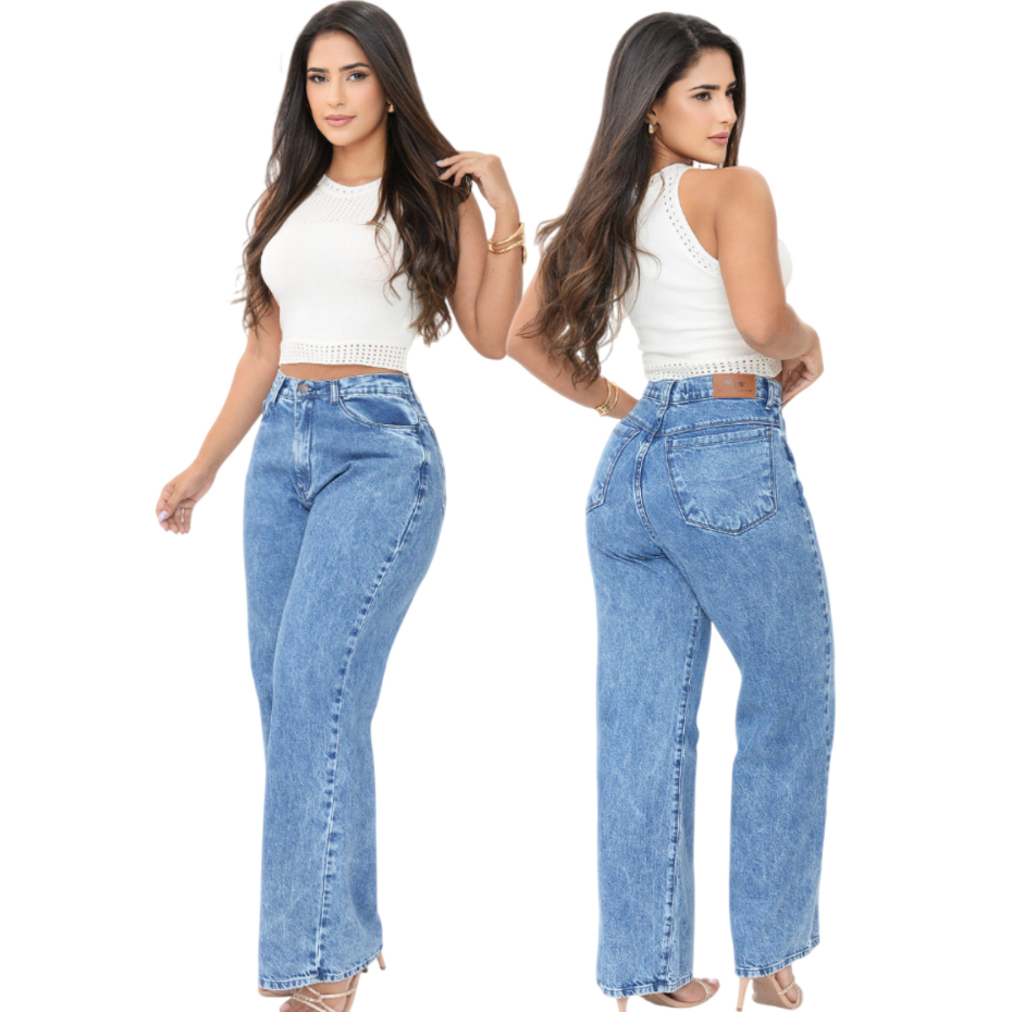 Calça Wide Leg Jeans Feminina Pantalona Casual Perna Larga Cintura Alta 100%Algodão Bolso Funcional Elegante
