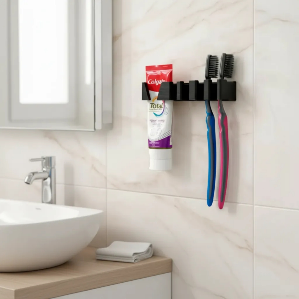 Porta Escovas de Dente Parede – Fixação Sem Furo – Suporte Para 4 Escovas + Fita Dupla Face Forte — imagem 2 de 2