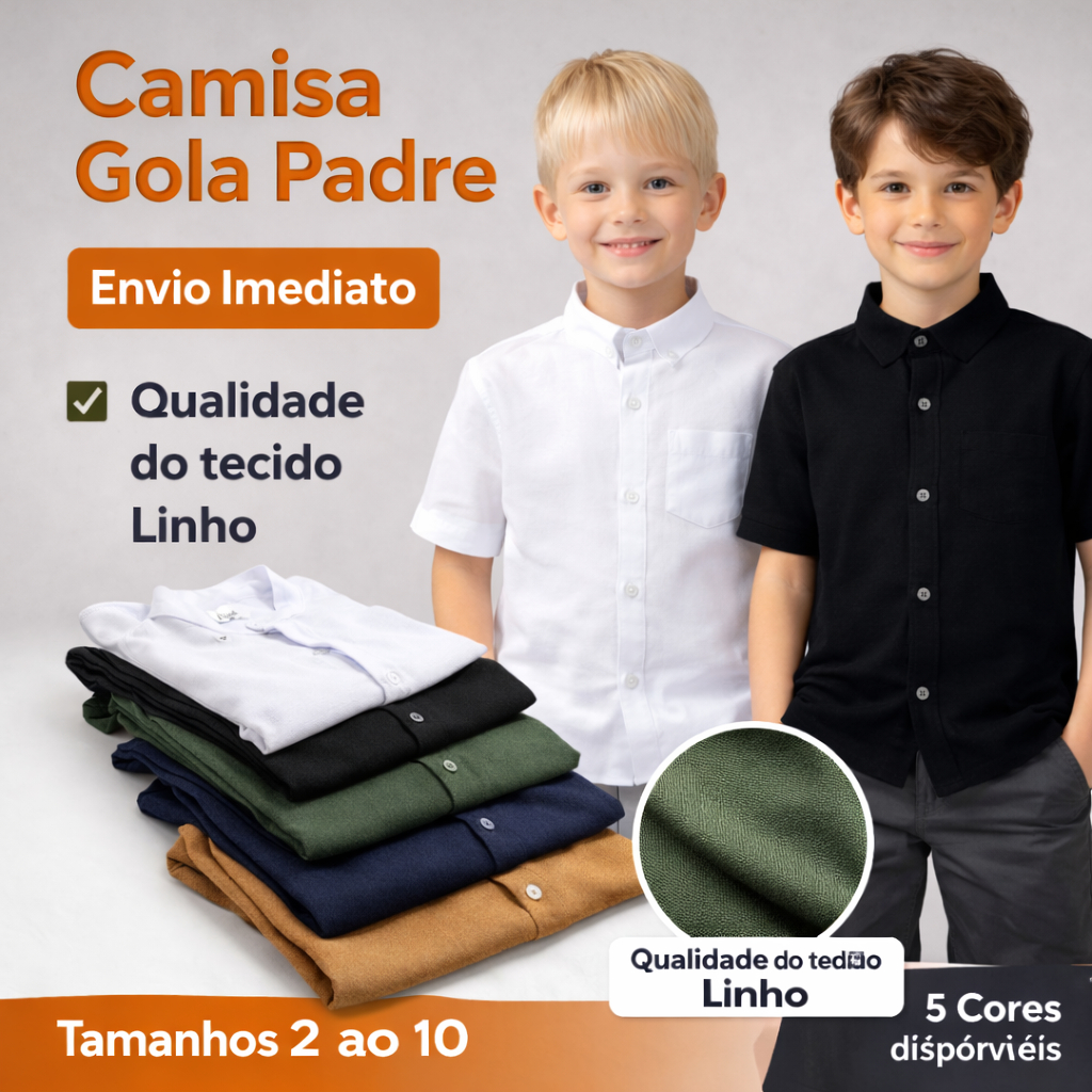 Camisa Social Infantil Gola Padre Tecido Linho Tamanhos Disponiveis - ENVIO IMEDIATO !!!