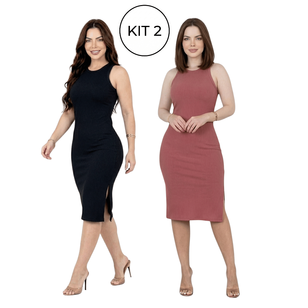 Kit 2 Vestido Midi Feminino em Canelado Regata com Fenda Lateral Design Elegante Confortável Casual Ajustado do P ao EXG