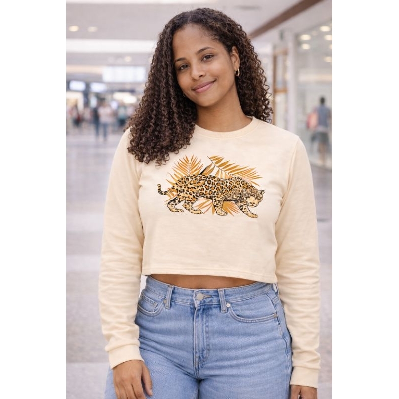 Cropped Oversized Feminina Premium camiseta T-Shirt Estilosa malha algodão Confortável onca casual manga longa flora