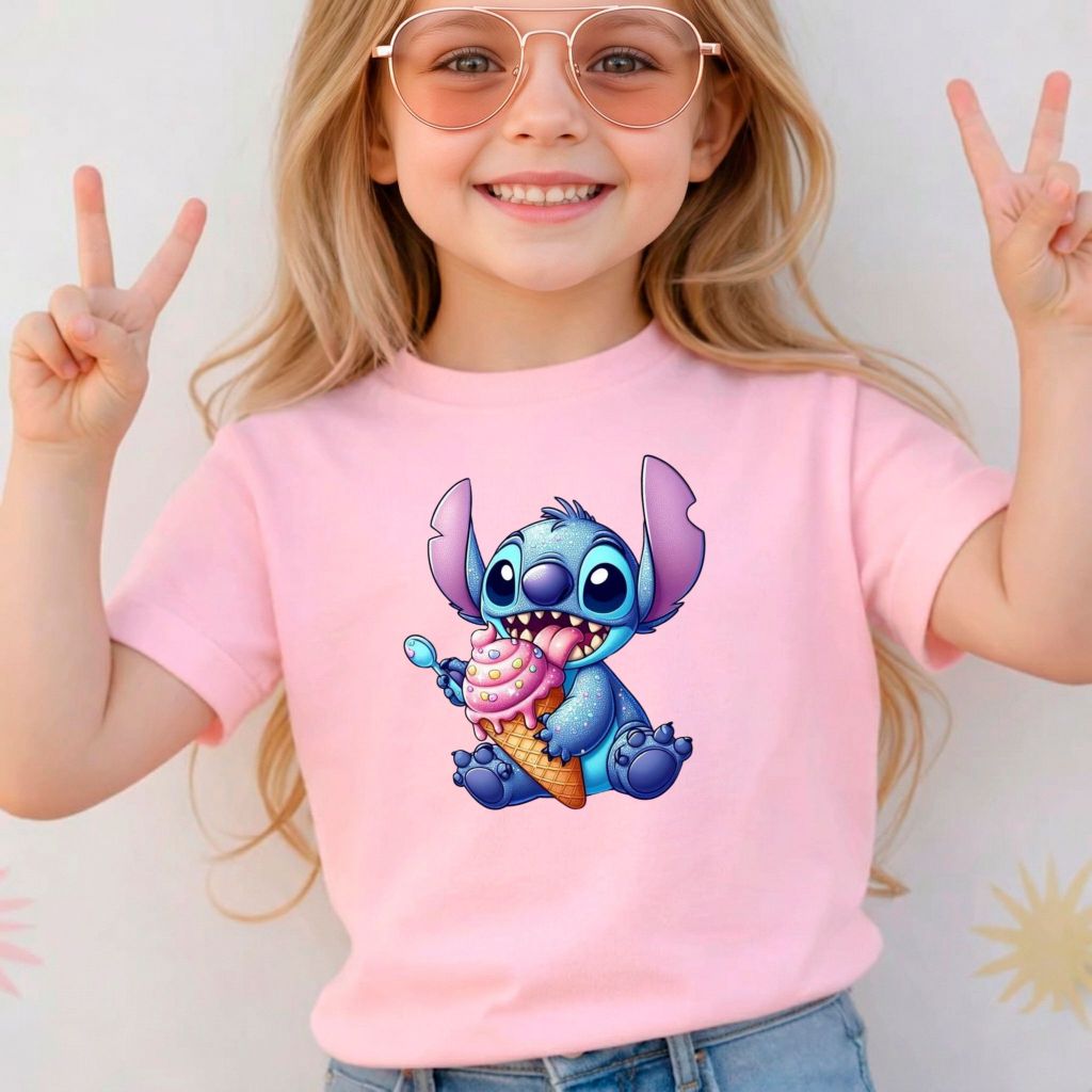 Camiseta Infantil Menina Desenho Stitch 100% Algodão Premium Confortável Moda Infantil Kids
