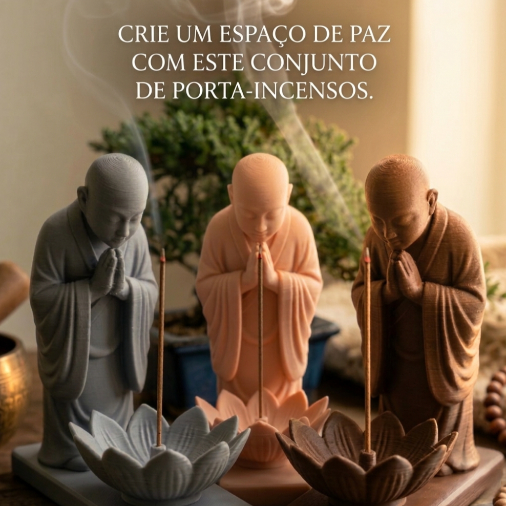 Imagem Porta Incenso Incensário Monge Decoração Zen Yoga Meditação Aromaterapia Cascata Fumaça Cores Kit