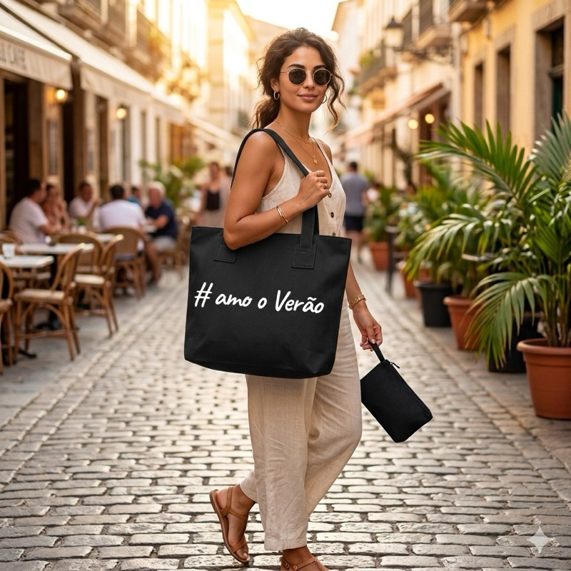 kit bolsa + Necessarie Moda Praia Piscina Modelo Eco Bag Sacola Impermeável Lona Nylon Feminina Ecológico #Amo o Verão