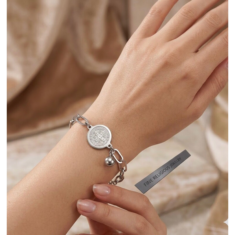 Pulseira Aço inoxidável medalha São Bento prata