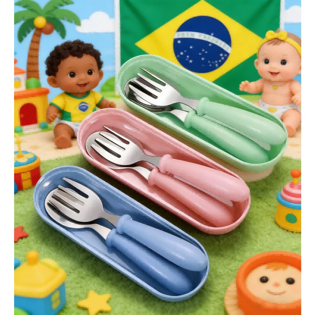 Kit 1-2 ou Unitário Talheres Infantil Aço Inox 304 Colher Garfo Kit Com Estojo Bebe 3 peças