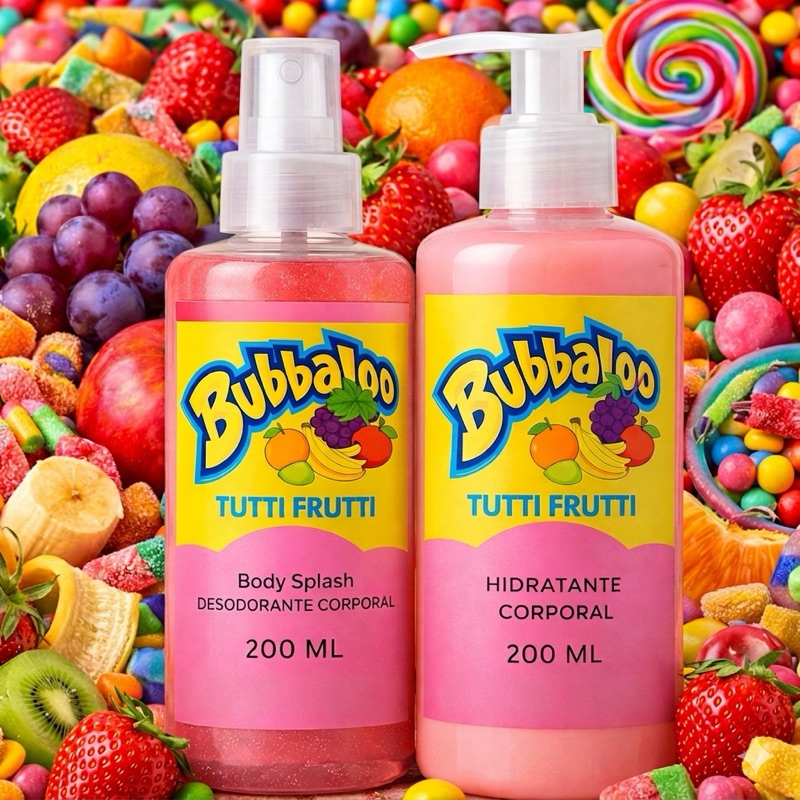 1 Kit Body Splash Bubbaloo Tutti Frutti com gliter 200Ml + 1 Hidratante Corporal  Bubbaloo Tutti Frutti  200ML