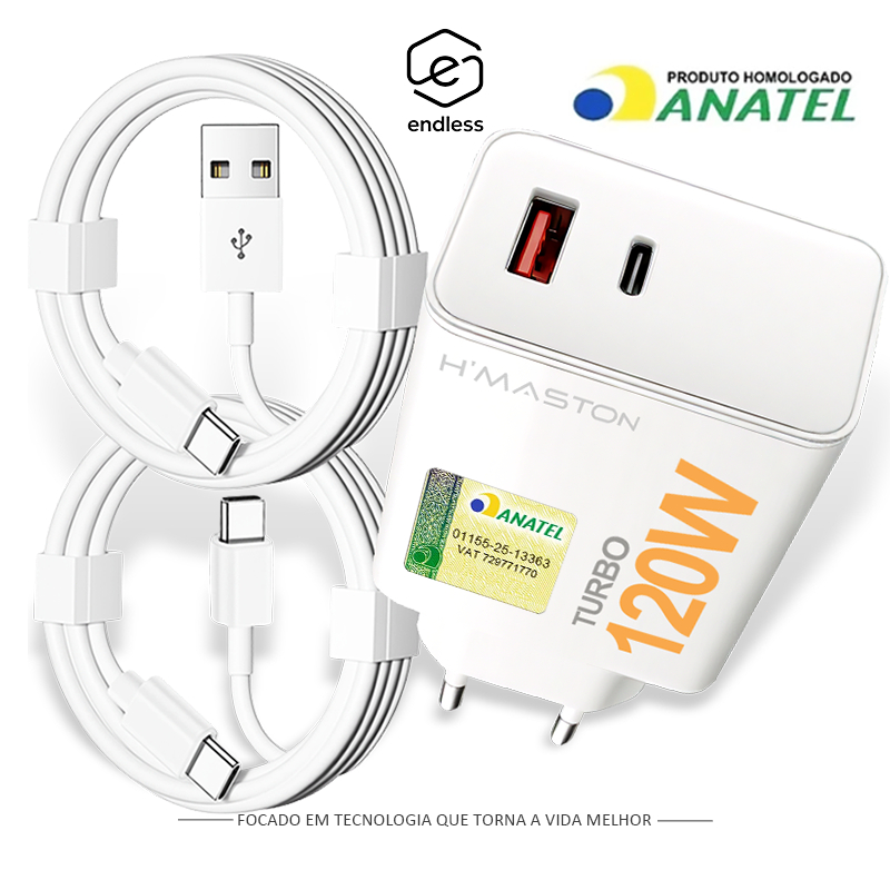 Carregador Turbo 120W Fonte Bivolt USB-C + USB-A com TIPO C Cabo Carregamento rápido