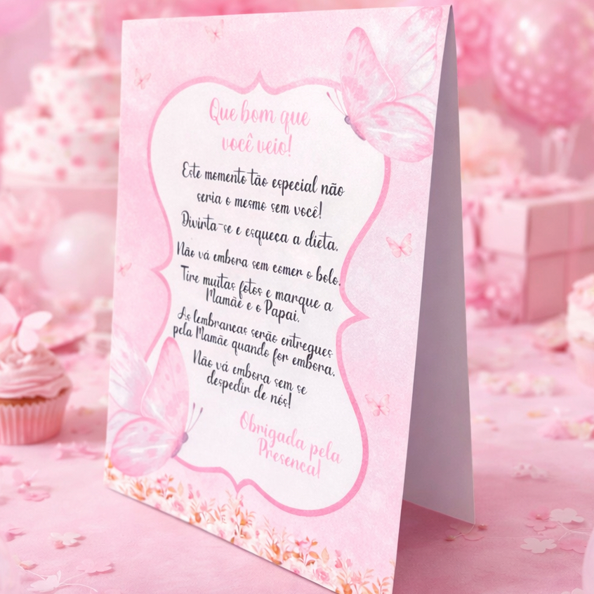 Plaquinha Centro de Mesa Jardim Borboleta Rosa Decoração Personalizada para Festa Infantil e Aniversário