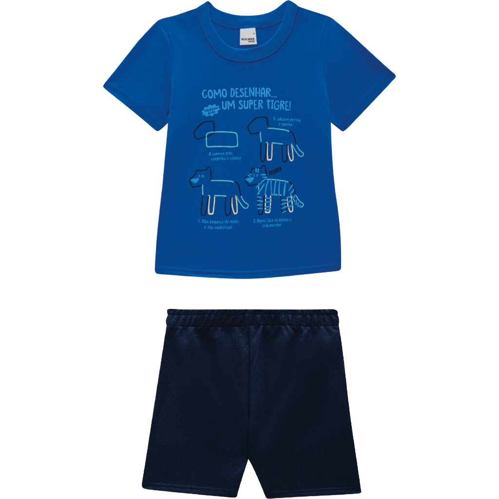Conjunto Infantil Masculino Verão Malwee Kids Algodão Camiseta Estampada + Bermuda Confortável 1 ao 8