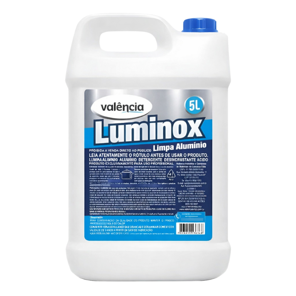 Limpa Alumínio Valência Luminox 5 Litros Detergente Desincrustante Ácido Limpeza Pesada Profissional Cozinha Panelas
