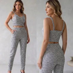 Conjunto Malha Tweed Feminino Cropped e Calça