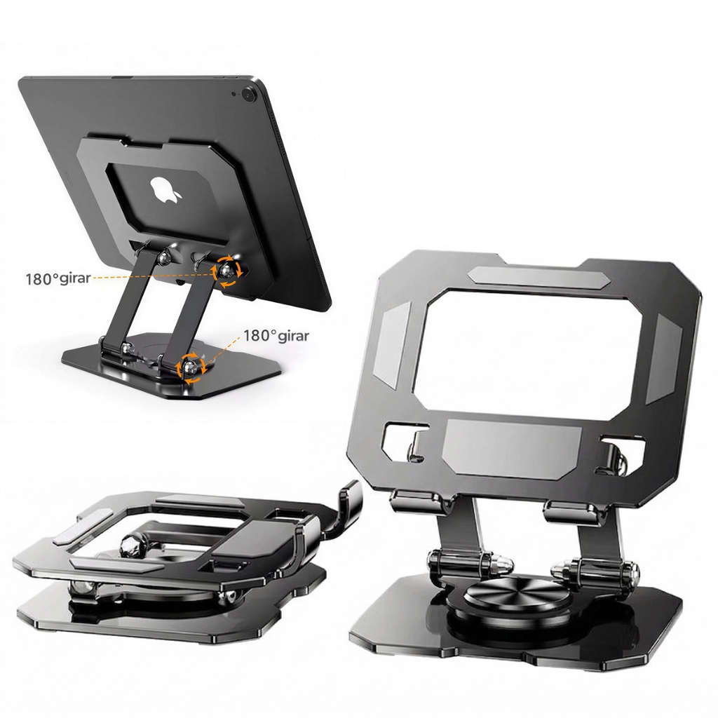 Suporte iPad Totalmente Alumínio de Mesa Base Rotatória Ajustável Dobrável 360º Para Tablets Mac