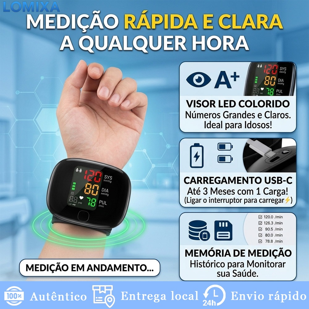 Esfigmomanômetro Digital de Pulso Automático Profissional com Tela LED Inteligente Alta Precisão e Voz