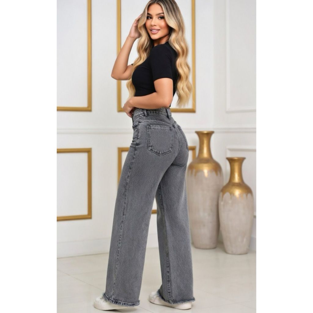 Calça Wid Leg CINZA BLACK MARMORIZADA Jeans Sem lycra Cintura Alta em Oferta na Shopee