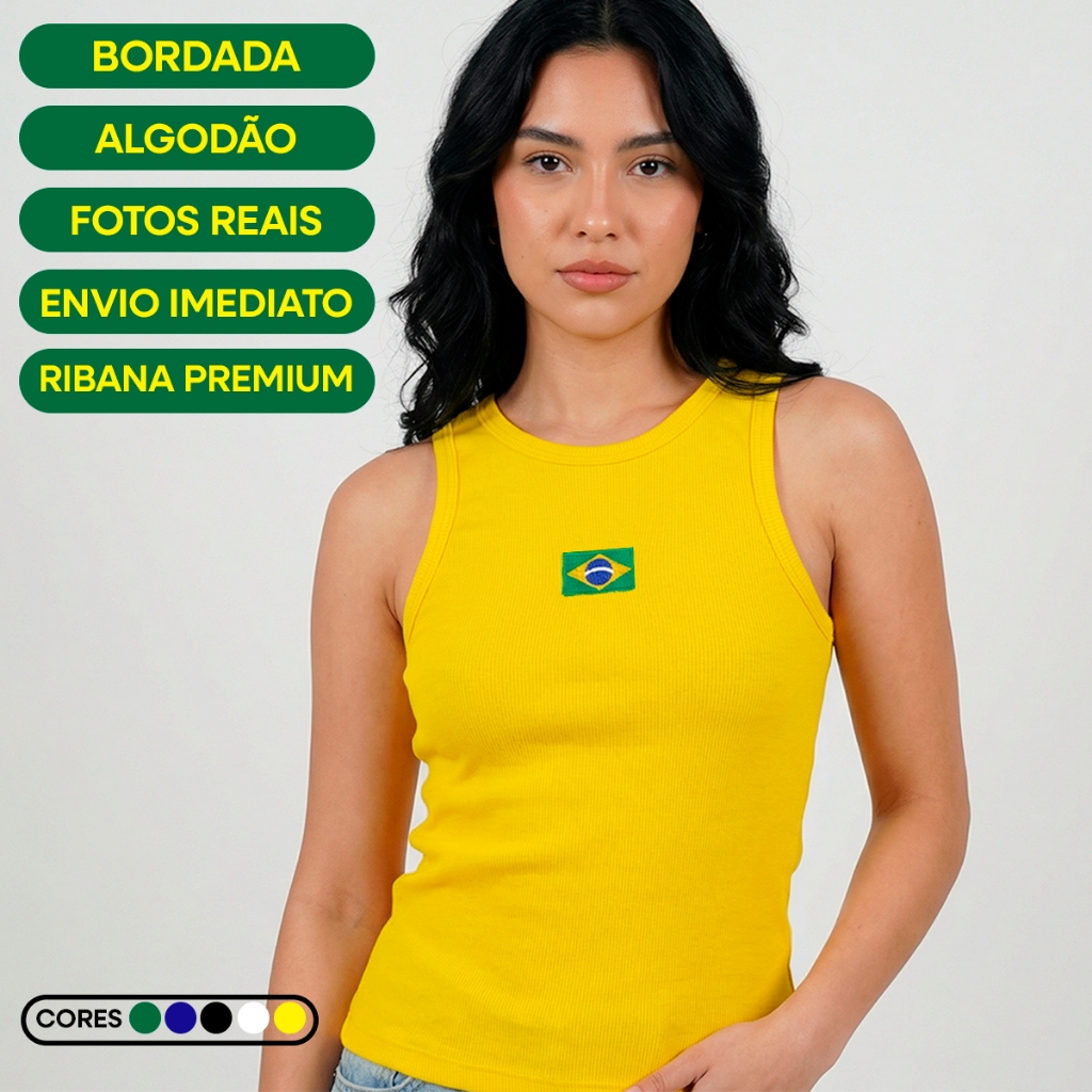 Regata Feminina Brasil Bordada Copa do Mundo Canelada Ribana Estilo Gringa Algodão