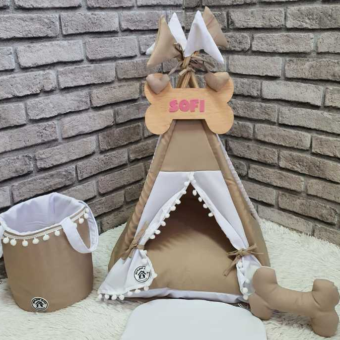 Cabana Pet Cesto Organizador de Brinquedo Cães Gatos Toca Bege Branco Personalizado Tamanho PP