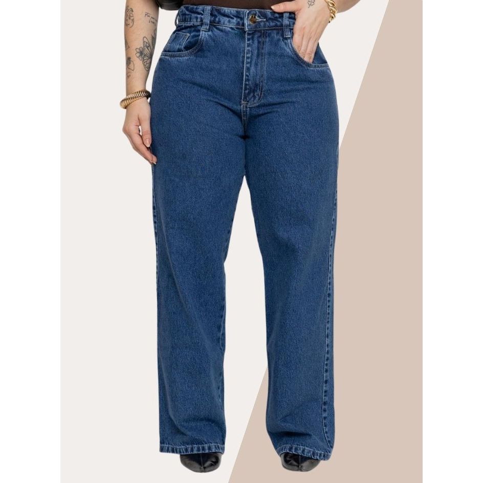 Calça Jeans Wide Leg Plus Size Feminina Cintura Alta Azul Escuro com Bolsos Pantalona Para Dia e Dia