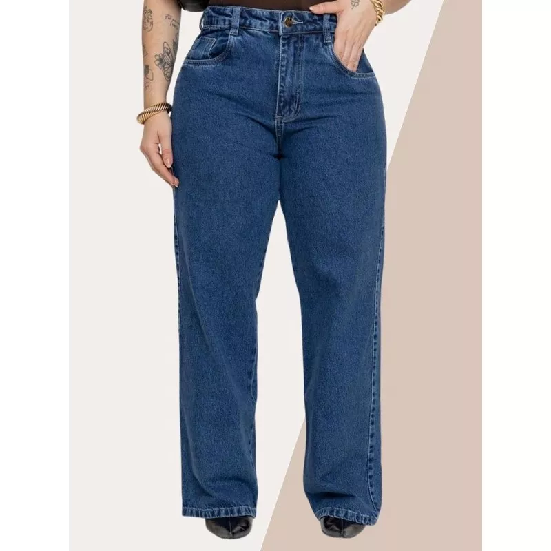 Calça Jeans Wide Leg Plus Size Feminina Cintura Alta Com Bolsos Funcionais Pantalona Para Dia e Dia