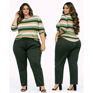 Conjunto  Plus Size Feminino Calça de Malha e Blusa Manga 3/4 Moda Evangélica Roupa para trabalhar elegante