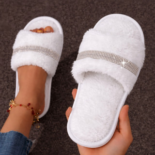 Pantufa feminina Aberta Luxo Com Strass Toda de Pelúcia Solado Antiderrapante