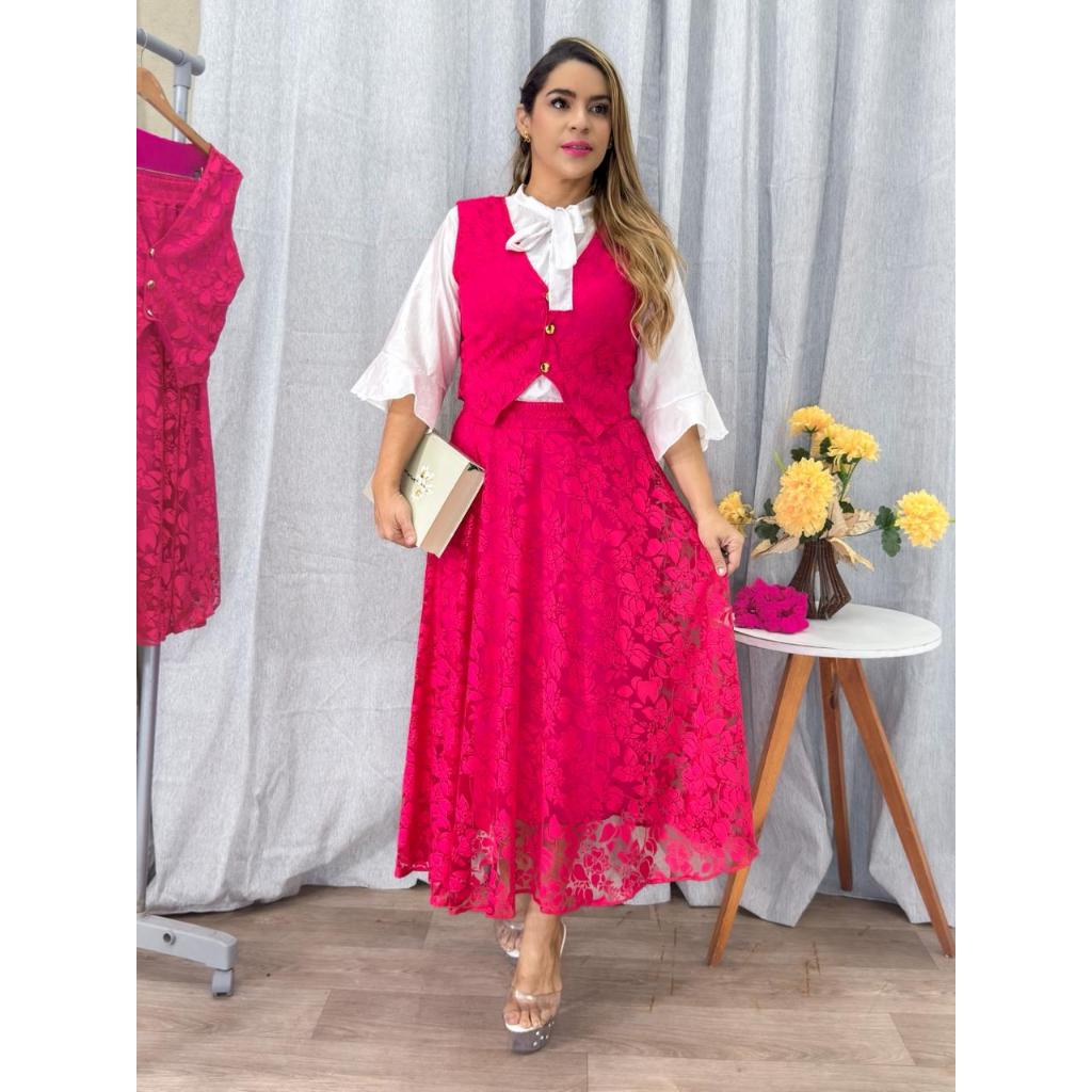 Conjunto Feminino Moda Evangélica Saia Godê Max Midi com Colete Elegante Tecido Devorê Forrado