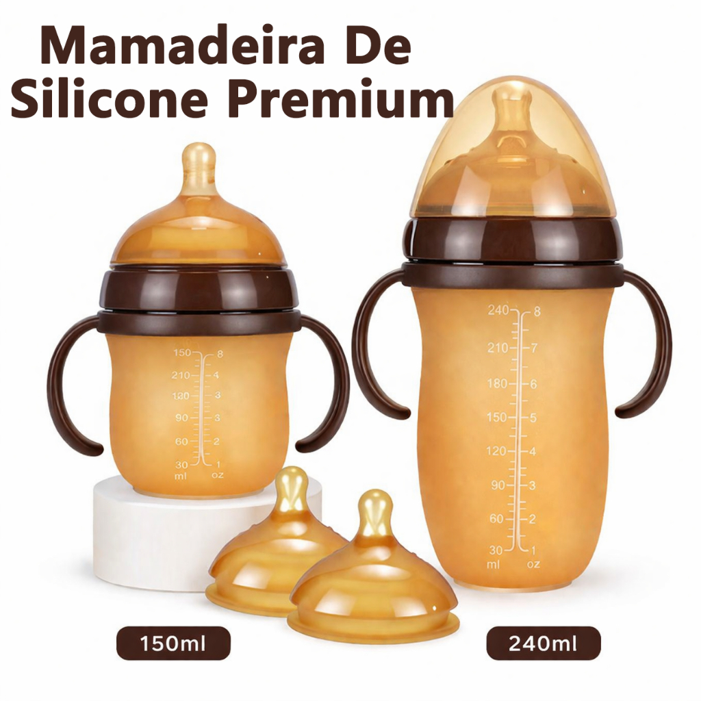 Mamadeira Anti-cólica 150ml/240ml - Silicone Alimentício, Resistente -20°C a 120°C, 0-36 Meses com Alça