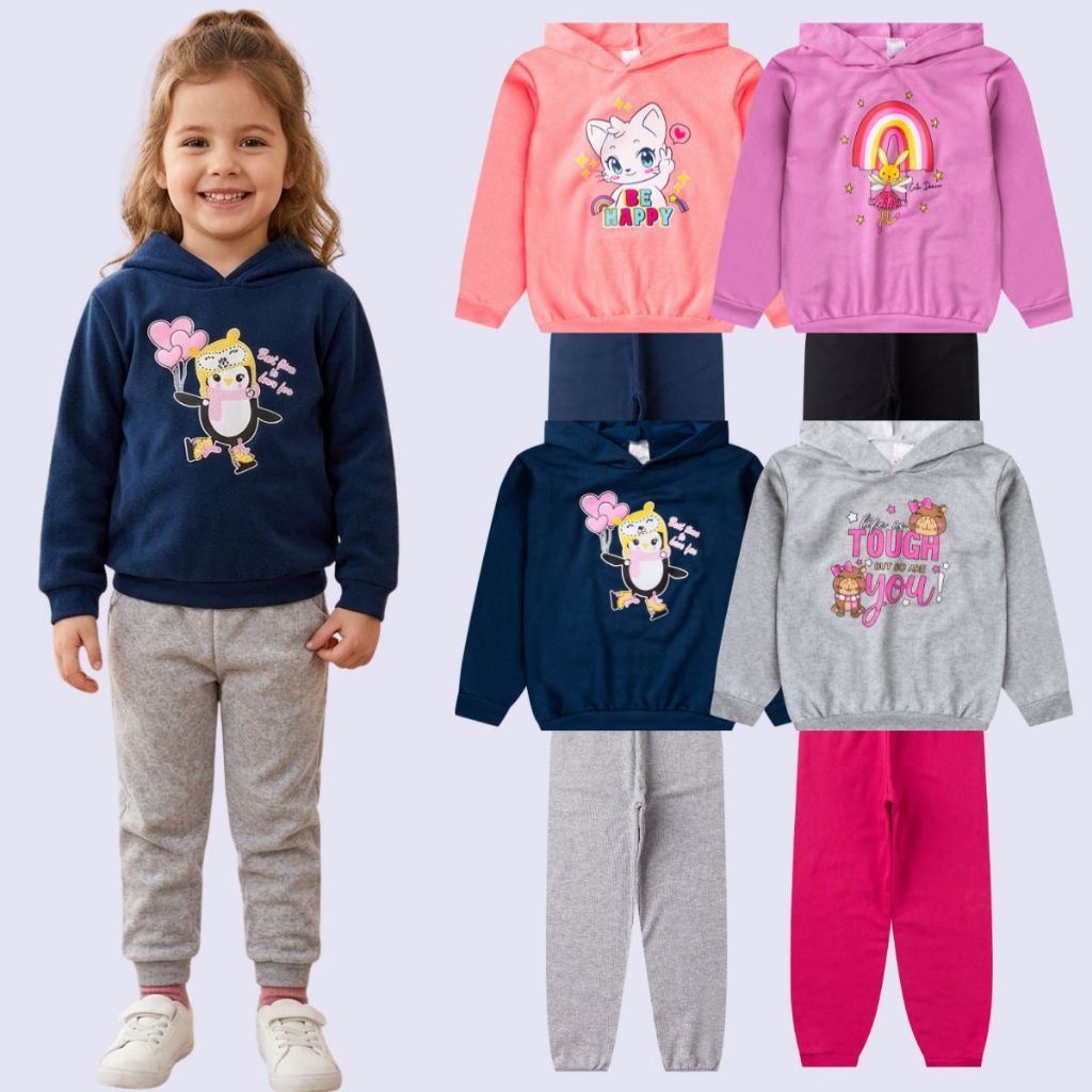 Kit 2 Conjunto Roupa Infantil 4 Peças Sortido Menina Feminino Moletom Inverno Calça Capuz Quentinho