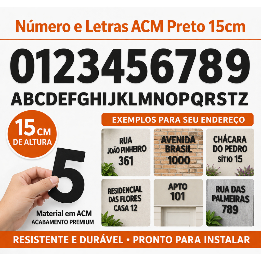 Numero e Letra Pretos residencial ACM preto brilhante 15x9cm para casa / ideal para endereço ! Fácil instalação  .