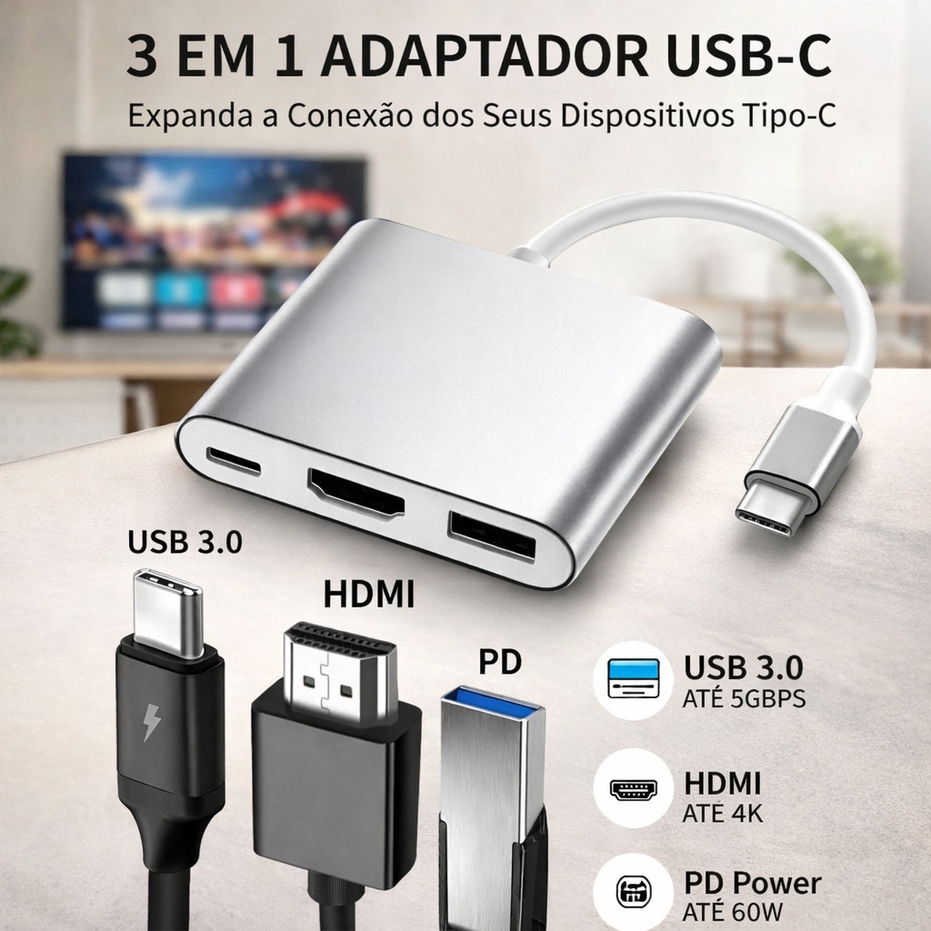 Cabo Adaptador 3 em 1 Conversor USB Tipo-C para HDMI + USB 3.0 + Tipo U3V-A3N1