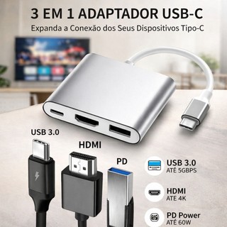Cabo Adaptador 3 em 1 Conversor USB Tipo-C para HDMI + USB 3.0 + Tipo U3V-A3N1