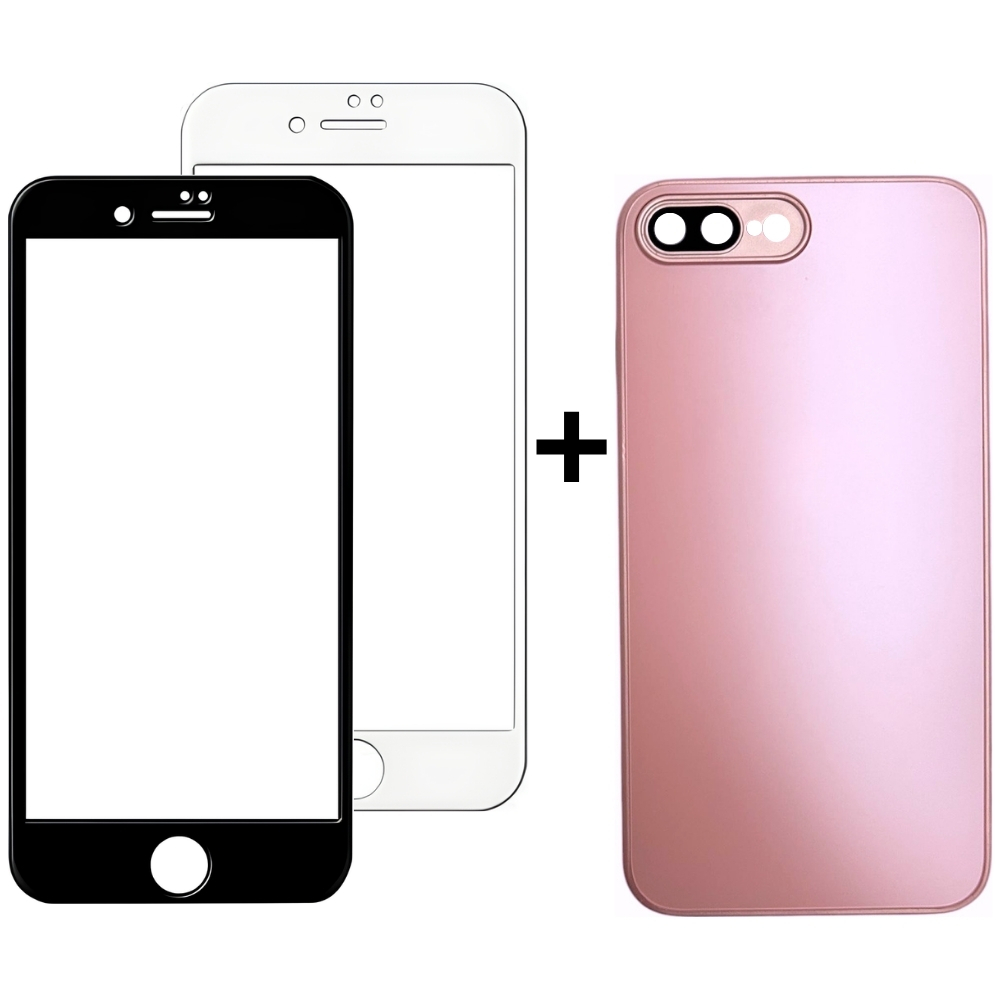 Kit Capinha Rosa Claro Vidro Fosco e Película para Iphone 7 Plus Iphone 8 Plus 3D Transparente