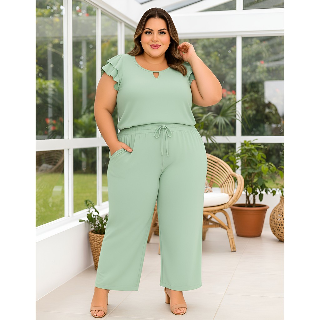 Conjunto Plus Size Feminino Blusa Calça Elegante Festa Natal