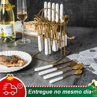 Kit 24 peças Talher Talheres Colher Garfo Faca Luxo Linha Ouro