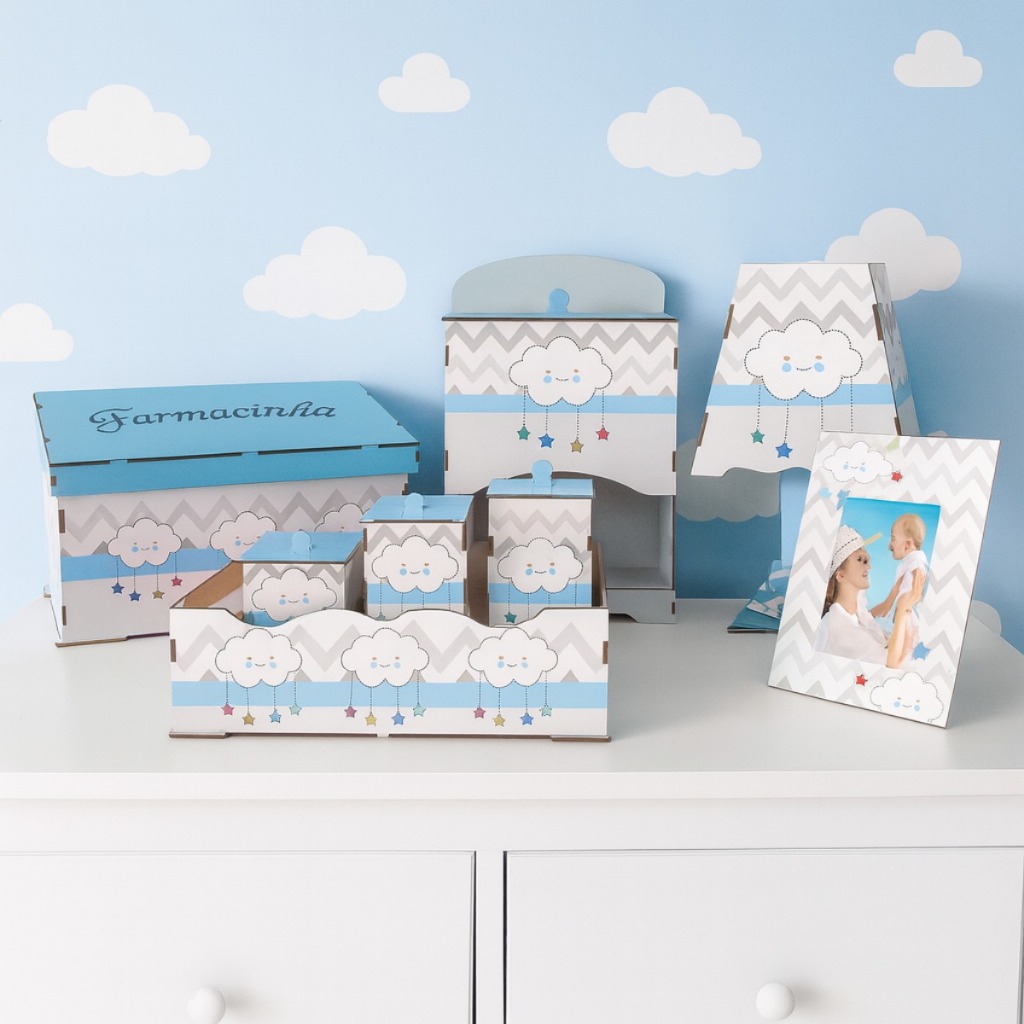 Kit Higiene Bebe Com Trio De Quadrinhos Nuvem Azul Organizador Decorativo Maternidade Menino