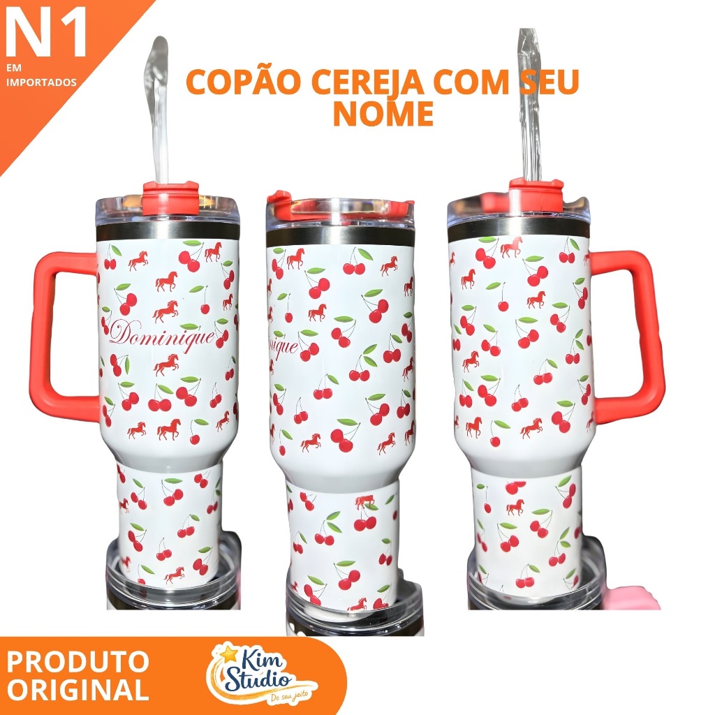 Copão Copo Térmico Garrafa Personalizado de cereja · Com seu NOME · 1200ML · Sublimação