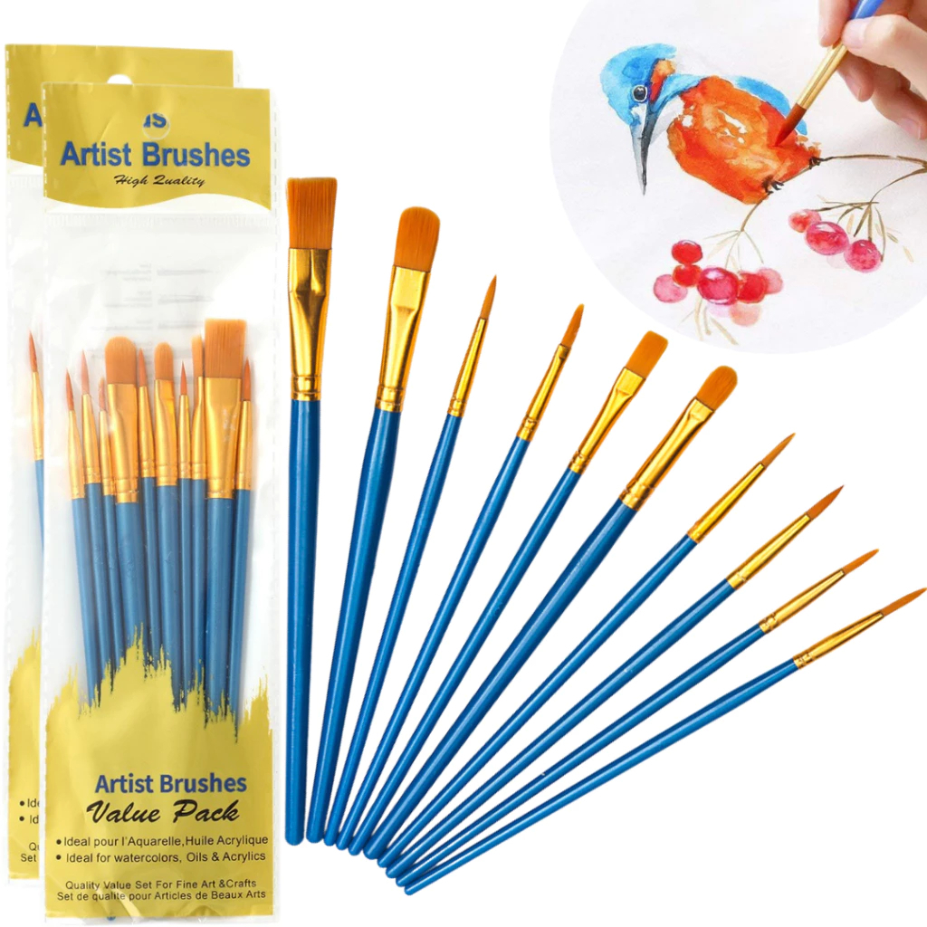 Kit 10 Pincéis Artísticos Cerdas Macias para Pintura em Tela e Artesanato Aquarela, Guache, Óleo