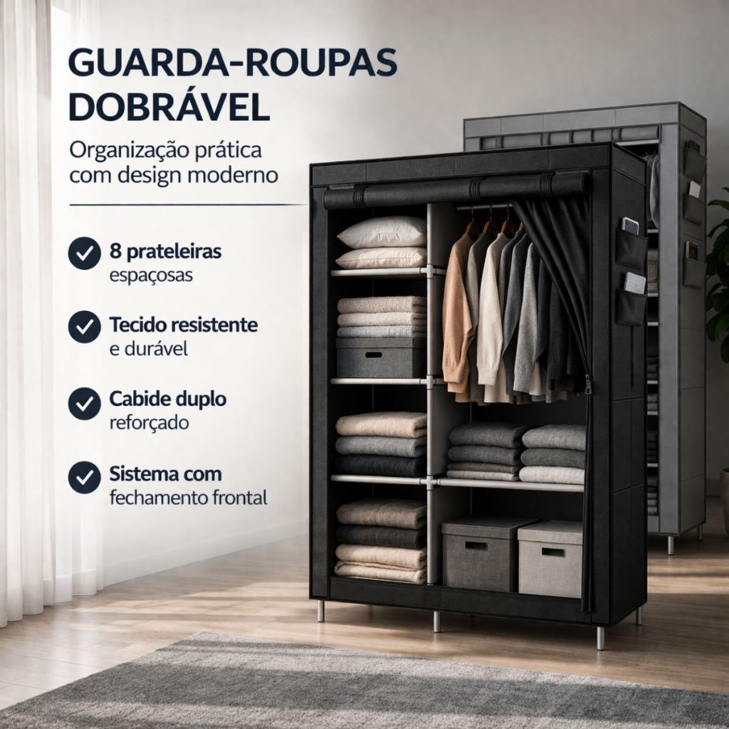 Guarda Roupa Dobrável Grande de Tecido com Cabideiro Duplo 8 Prateleiras e Zíper em Oferta na Shopee