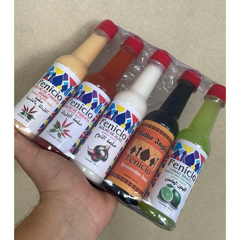 KIT COM 5 MOLHOS FENÍCIO - molho pimenta árabe, pimenta, molho de alho, molho limão, molho inglês. Antigo molho beirute