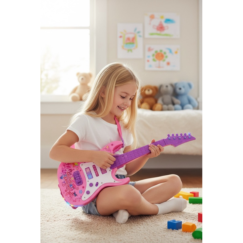 Guitarra Infantil Musical Rosa com Luz e Som | Brinquedo Interativo 60cm