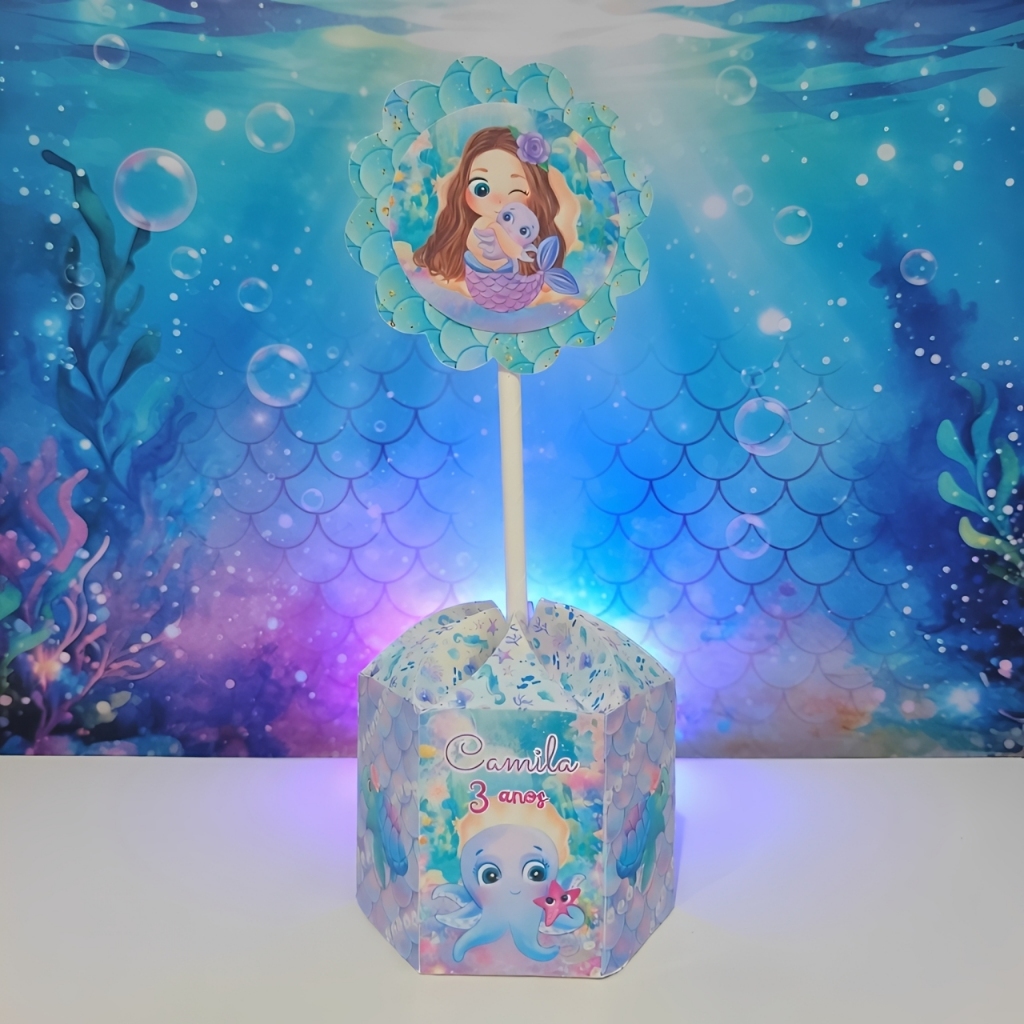 Pegue e Monte / Centro de Mesa Personalizado P - Sereia Cute - Caixa Sextavada Festa Aniversário infantil